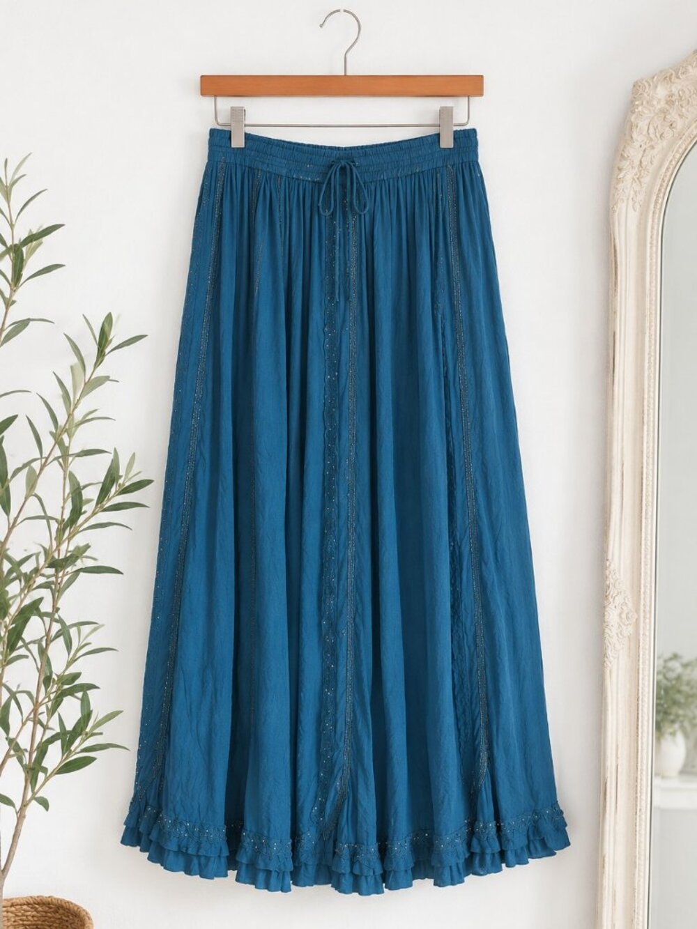 Sahiba Teal Blue Crinkle Maxi Skirt Free Size Boho Embroidered India Viscose - Picture 2 of 11